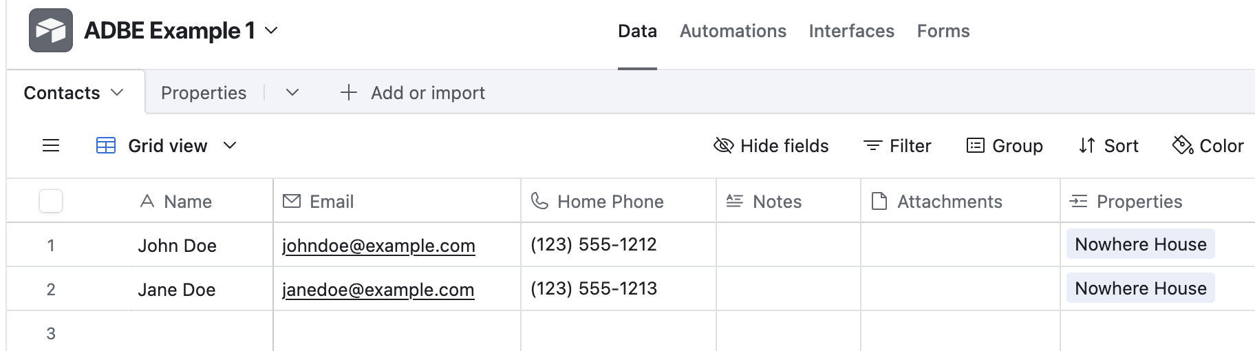 Screenshot of the Contacts table in Airtable