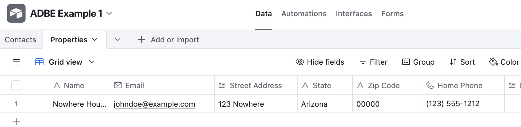 Screenshot of the Properties table in Airtable